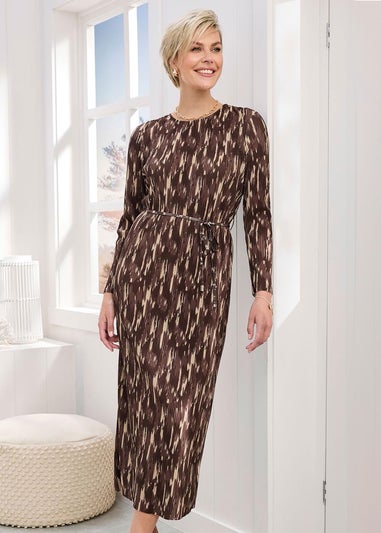 Cotton Traders Chocolate Plisse Printed Jersey Maxi Dress