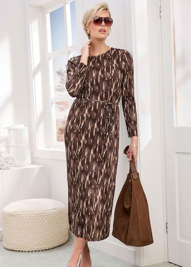 Cotton Traders Chocolate Plisse Printed Jersey Maxi Dress