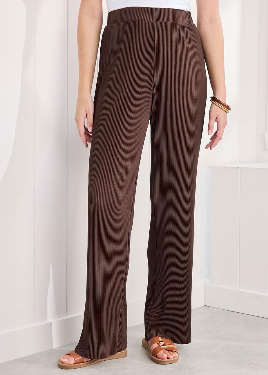 Cotton Traders Chocolate Plisse Jersey Wide Leg Trousers