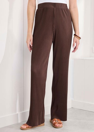 Cotton Traders Chocolate Plisse Jersey Wide Leg Trousers