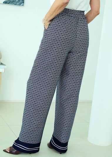 Cotton Traders Navy Print Wide Leg Pull On Trousers