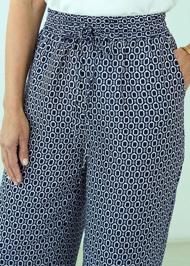 Cotton Traders Navy Print Wide Leg Pull On Trousers
