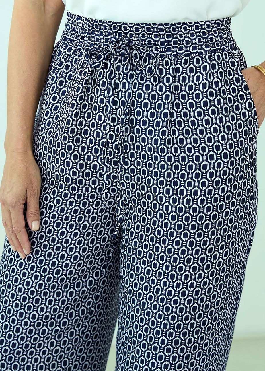 Cotton Traders Navy Print Wide Leg Pull On Trousers