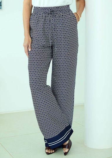 Cotton Traders Navy Print Wide Leg Pull On Trousers