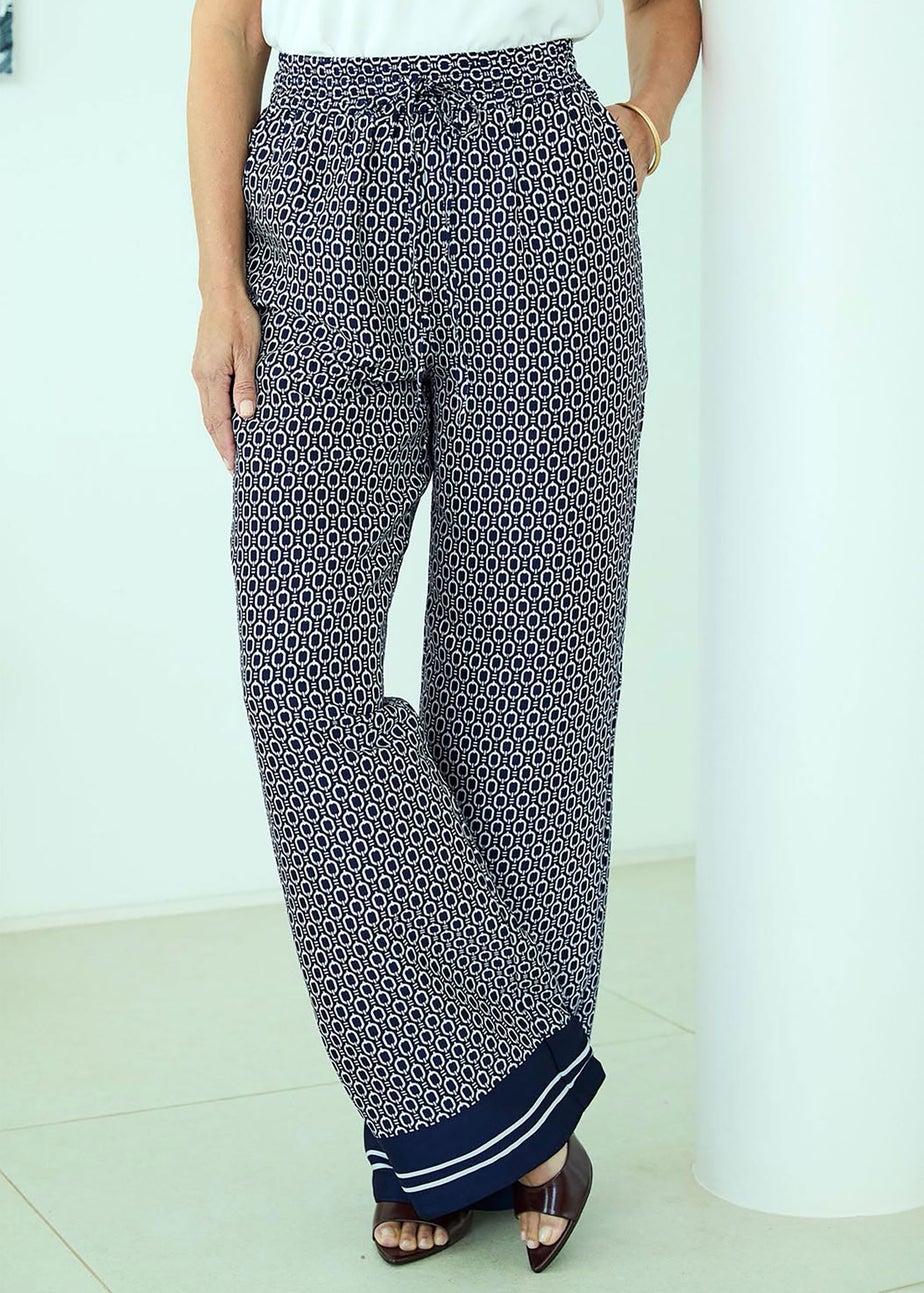 Cotton Traders Navy Print Wide Leg Pull On Trousers
