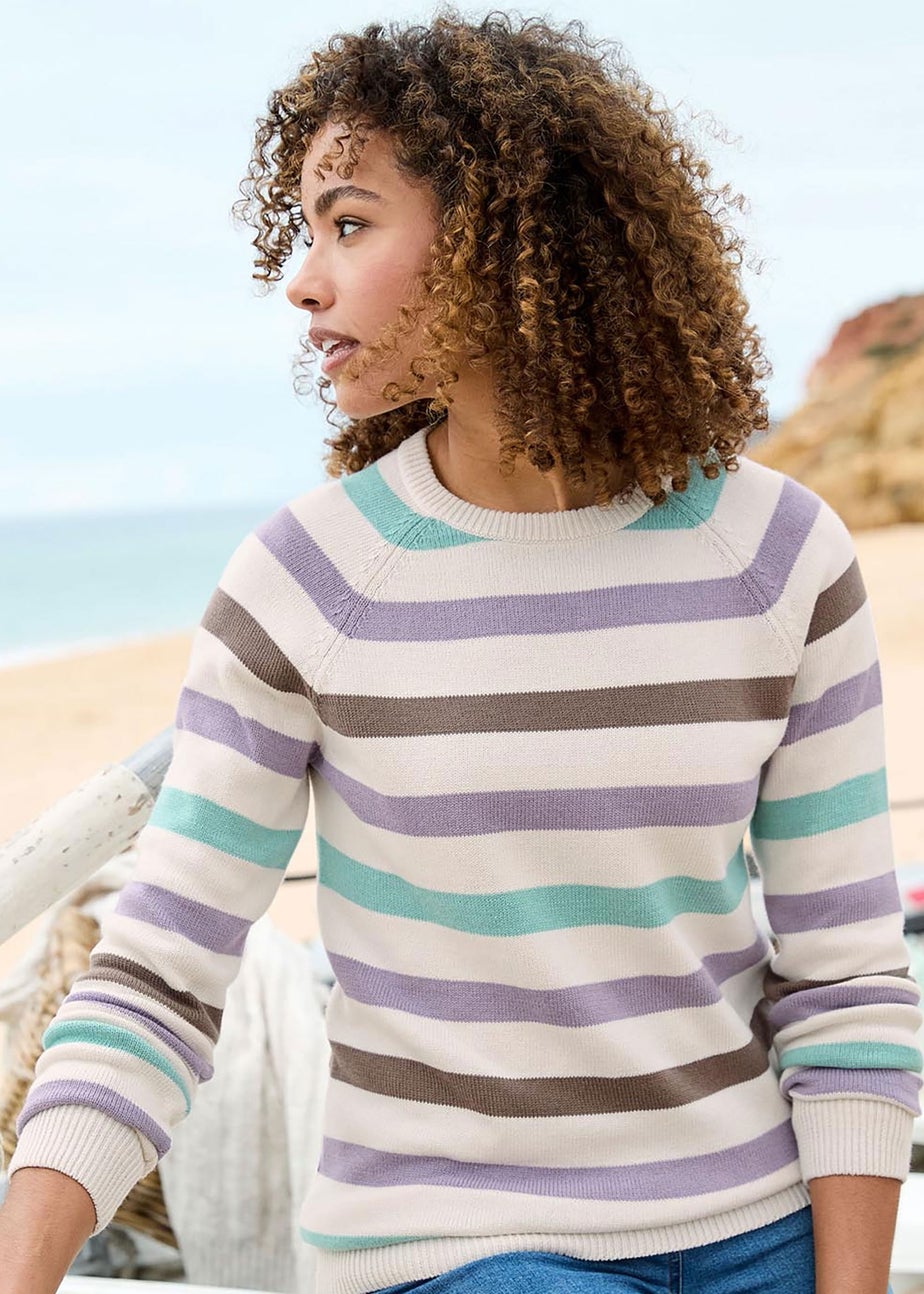 Cotton Traders Cream Stripe Cotton Crew Neck Jumper