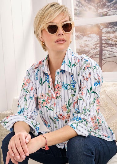 Cotton Traders Ivory Long Sleeve Printed Cotton Shirt