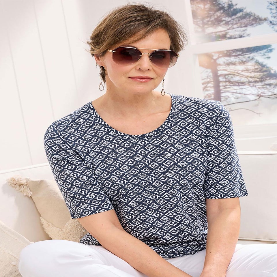 Cotton Traders Navy 1/2 Sleeve Printed Scoop Neck Top