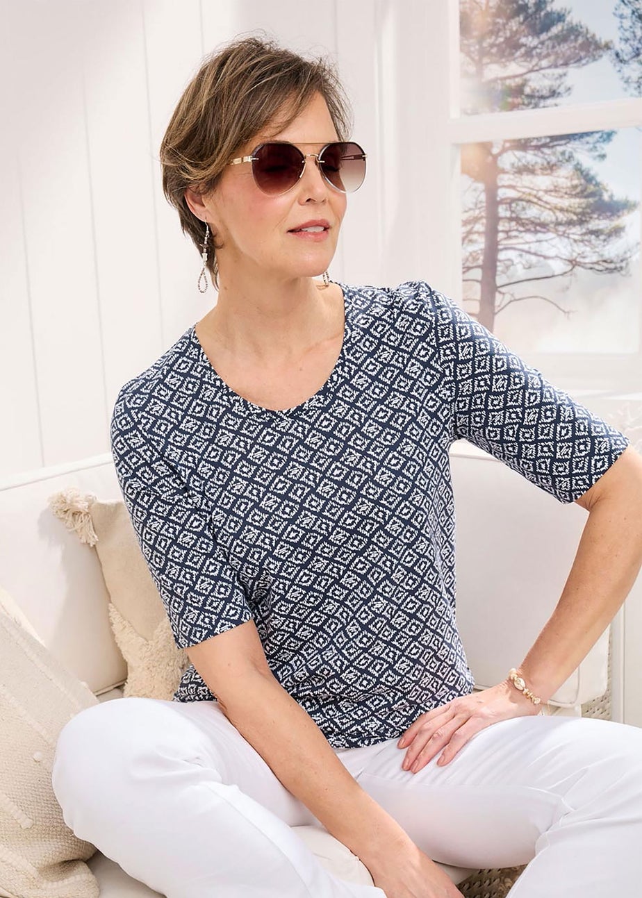 Cotton Traders Navy 1/2 Sleeve Printed Scoop Neck Top