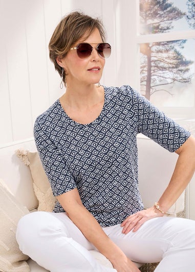 Cotton Traders Navy 1/2 Sleeve Printed Scoop Neck Top