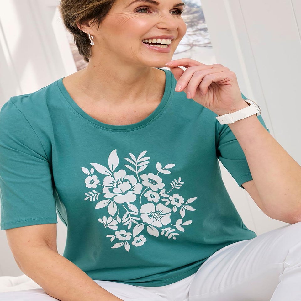 Cotton Traders Light Jade 1/2 Sleeve Printed Scoop Neck Top