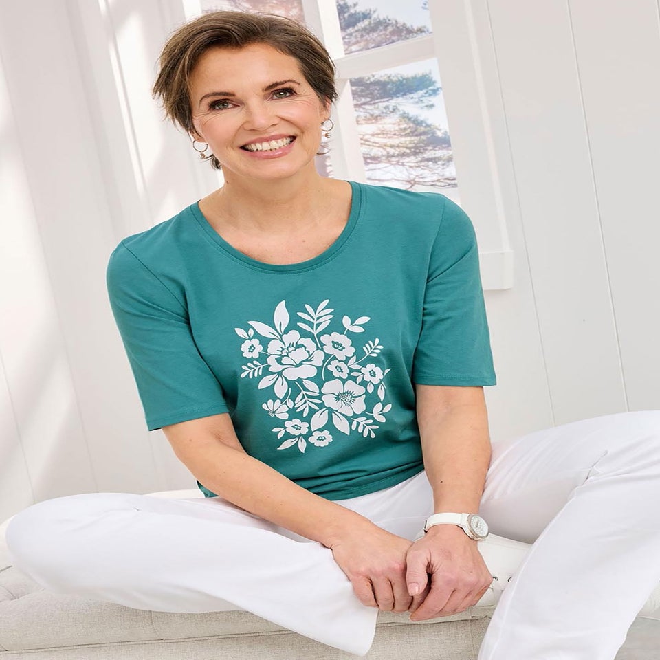 Cotton Traders Light Jade 1/2 Sleeve Printed Scoop Neck Top