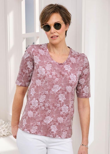 Cotton Traders Light Rose 1/2 Sleeve Printed Scoop Neck Top