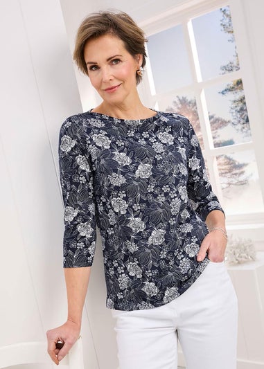 Cotton Traders Navy 3/4 Sleeve Printed Boat Neck Top