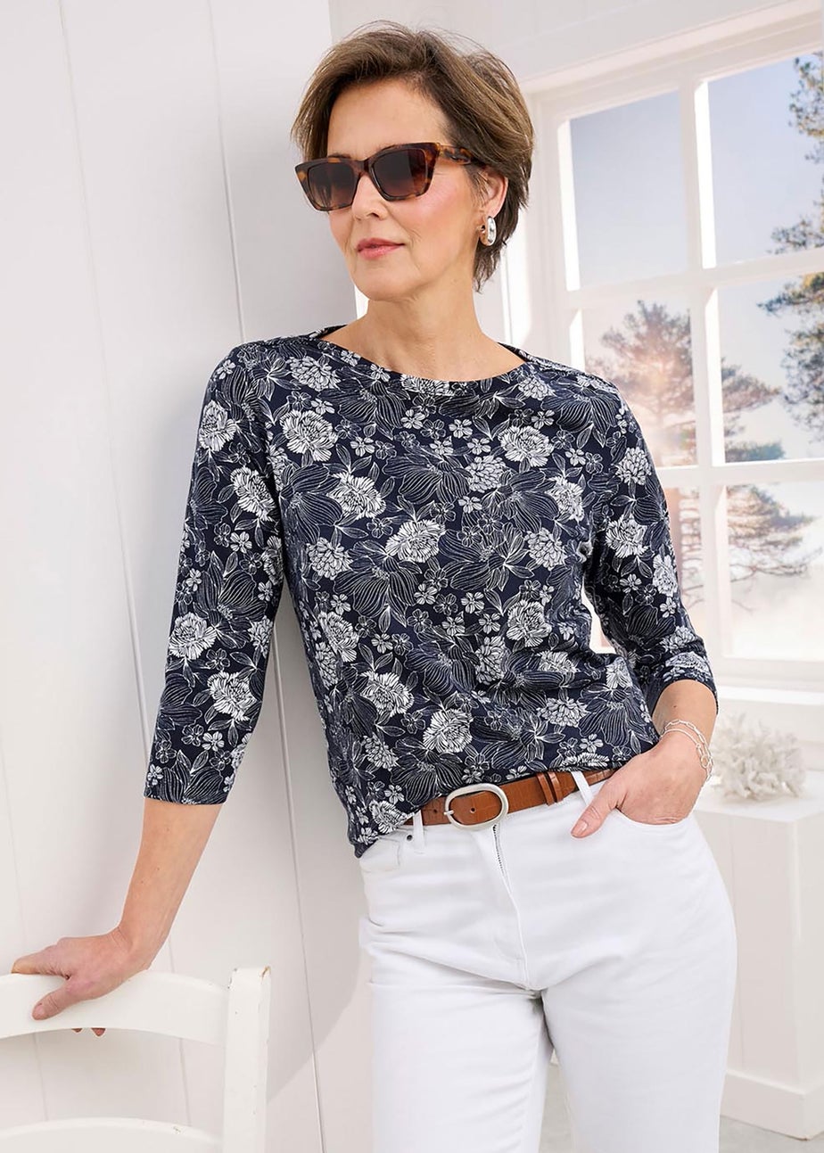 Cotton Traders Navy 3/4 Sleeve Printed Boat Neck Top