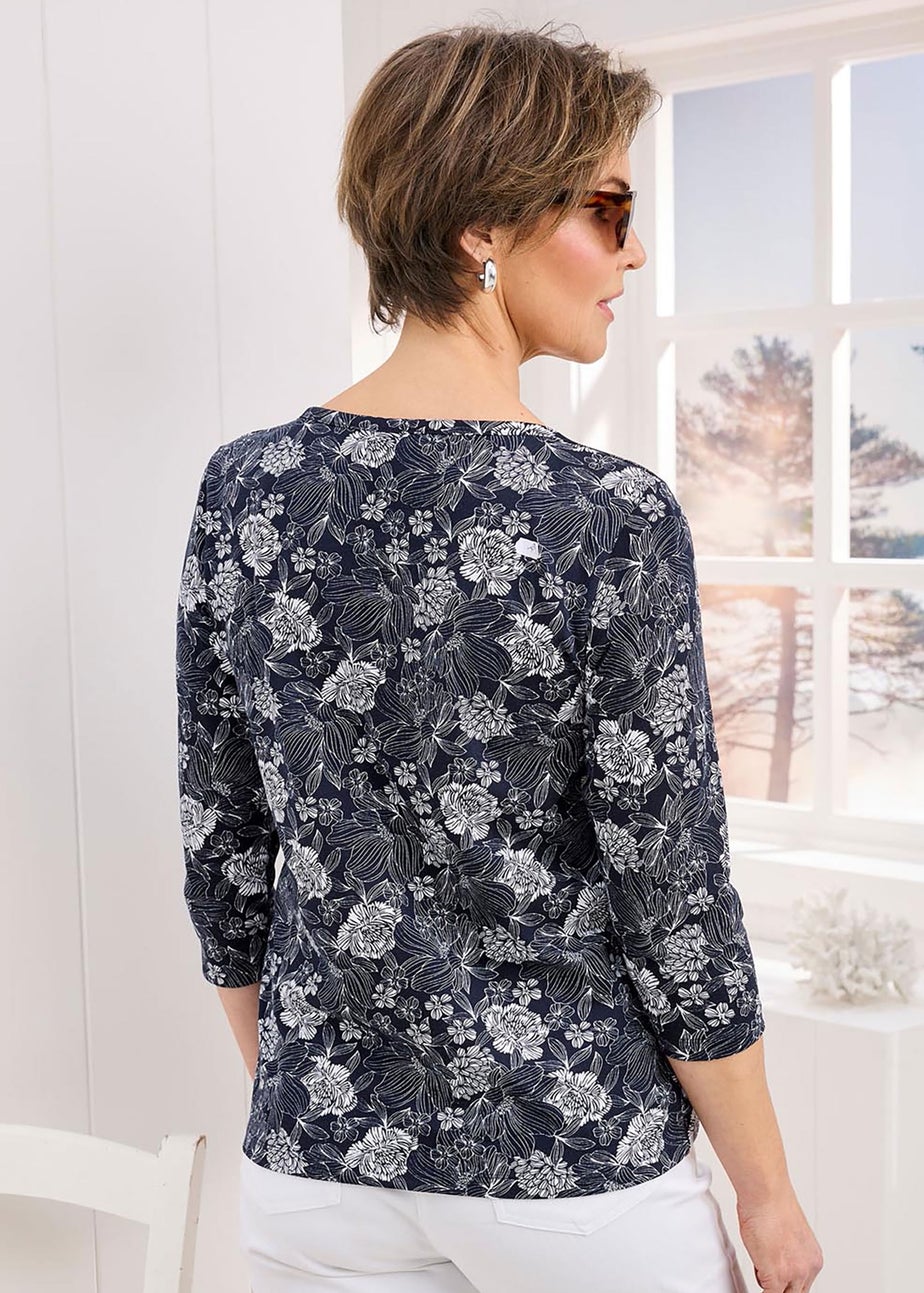 Cotton Traders Navy 3/4 Sleeve Printed Boat Neck Top