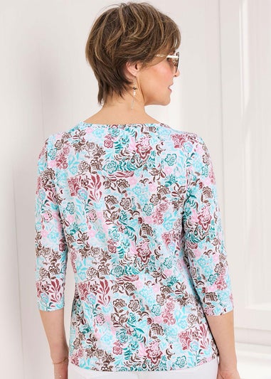 Cotton Traders Ivory 3/4 Sleeve Printed Boat Neck Top