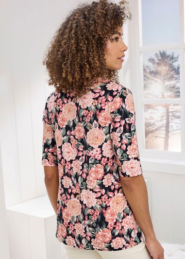 Cotton Traders Navy 1/2 Sleeve Scoop Neck Print Jersey Top