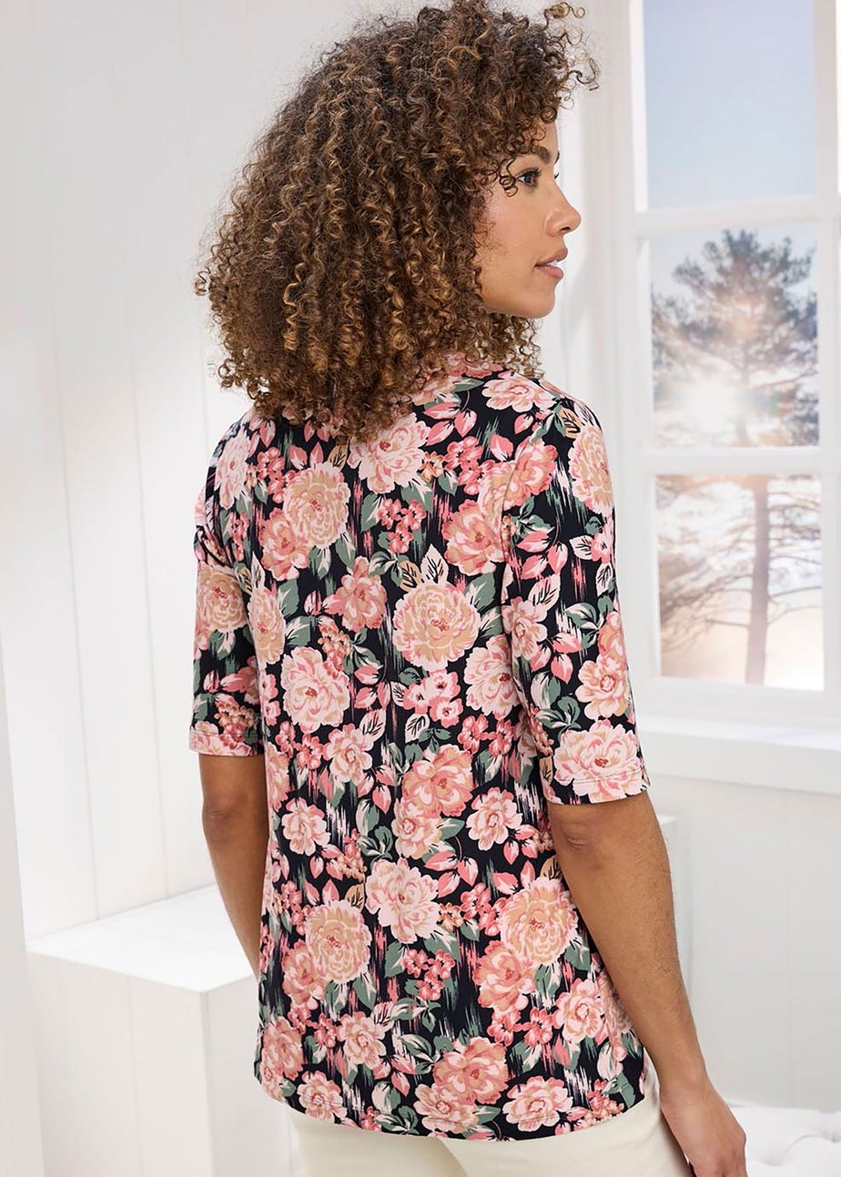 Cotton Traders Navy 1/2 Sleeve Scoop Neck Print Jersey Top