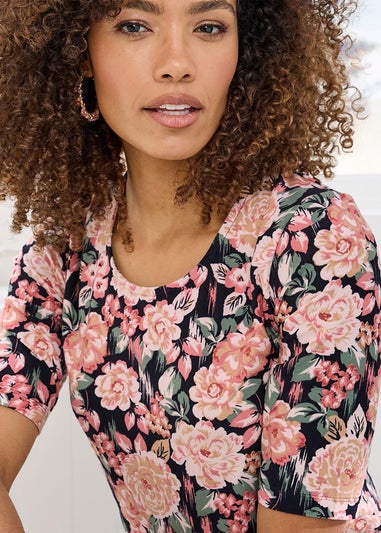 Cotton Traders Navy 1/2 Sleeve Scoop Neck Print Jersey Top