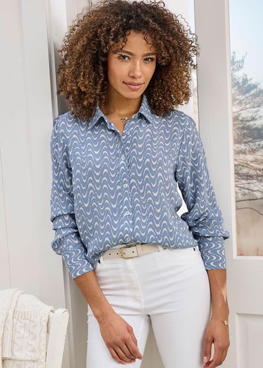 Cotton Traders Misty Blue Print Longline Blouse