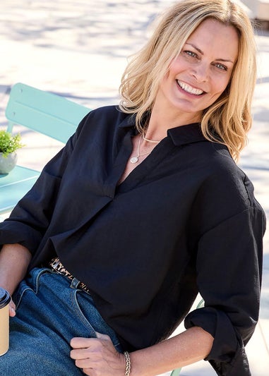 Cotton Traders Black Long Sleeve Popover Blouse