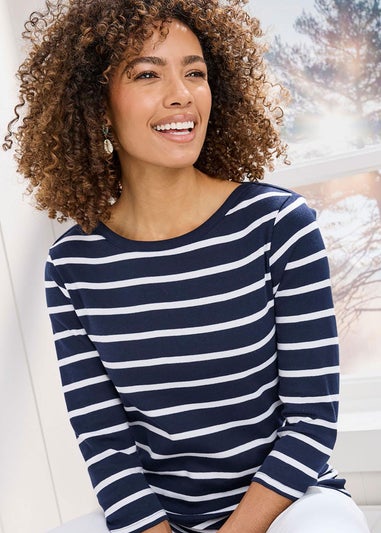 Cotton Traders Navy Wrinkle Free 3/4 Sleeve Boat Neck Top