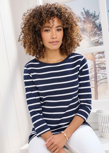 Cotton Traders Navy Wrinkle Free 3/4 Sleeve Boat Neck Top