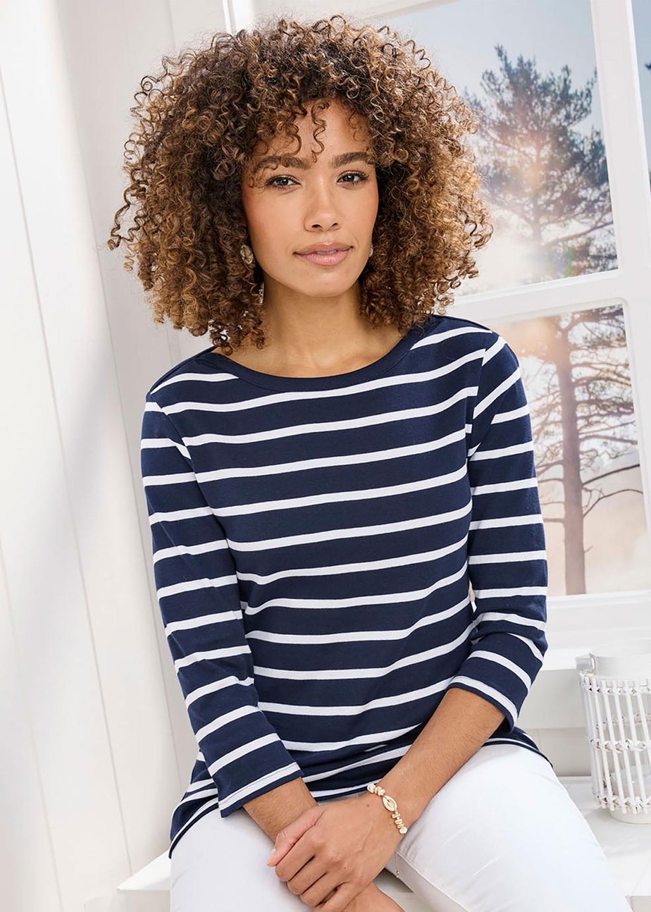 Cotton Traders Navy Wrinkle Free 3/4 Sleeve Boat Neck Top