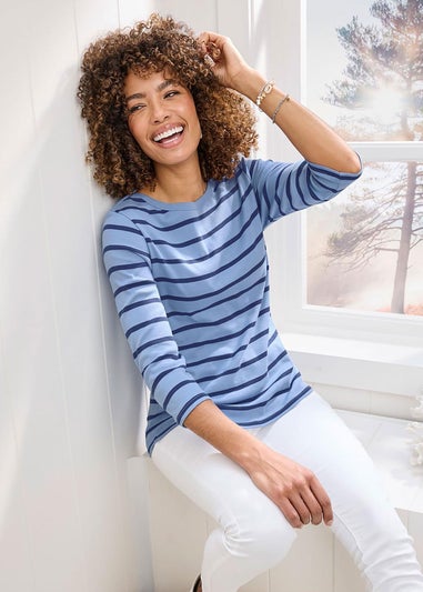 Cotton Traders Sky Blue Wrinkle Free 3/4 Sleeve Boat Neck Top