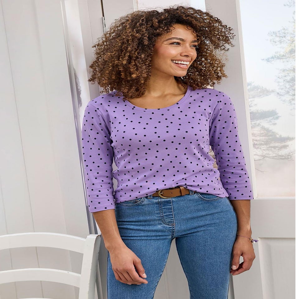 Cotton Traders Lilac Wrinkle Free 3/4 Sleeve Spot Scoop Neck Top