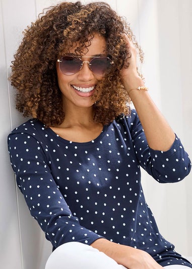 Cotton Traders Navy Wrinkle Free 3/4 Sleeve Spot Scoop Neck Top