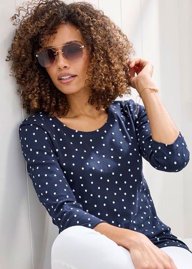 Cotton Traders Navy Wrinkle Free 3/4 Sleeve Spot Scoop Neck Top