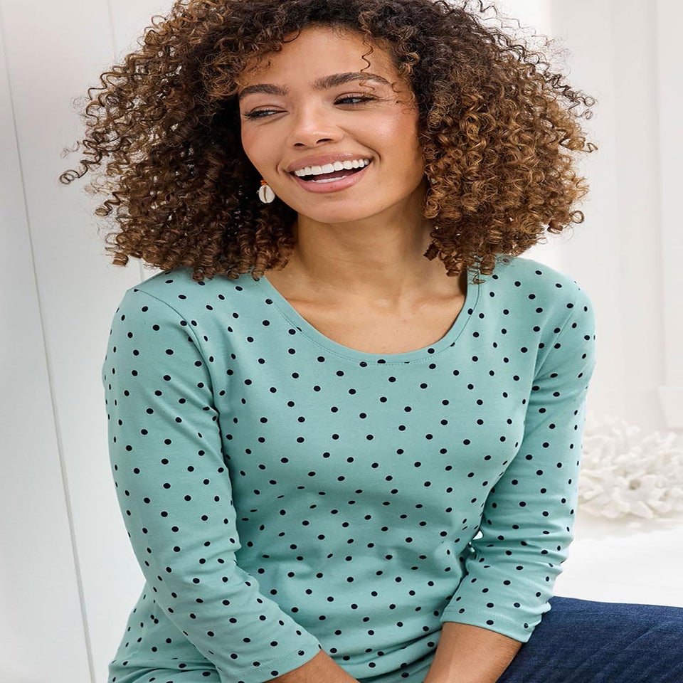 Cotton Traders Aqua Haze Wrinkle Free 3/4 Sleeve Spot Scoop Neck Top