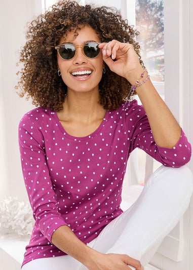 Cotton Traders Soft Plum Wrinkle Free 3/4 Sleeve Spot Scoop Neck Top