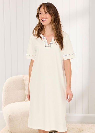 Cotton Traders Ivory Cotton V Neck Short Sleeve Nightdress