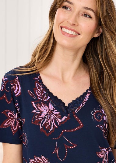 Cotton Traders Navy Lace Trim Nightdress