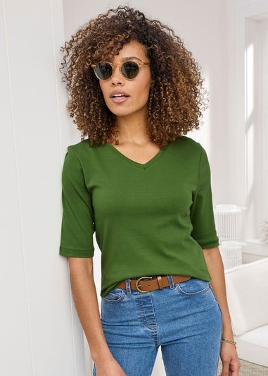 Cotton Traders Bold Green Wrinkle Free 1/2 Sleeve V Neck Top