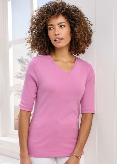 Cotton Traders Candy Pink Wrinkle Free 1/2 Sleeve V Neck Top