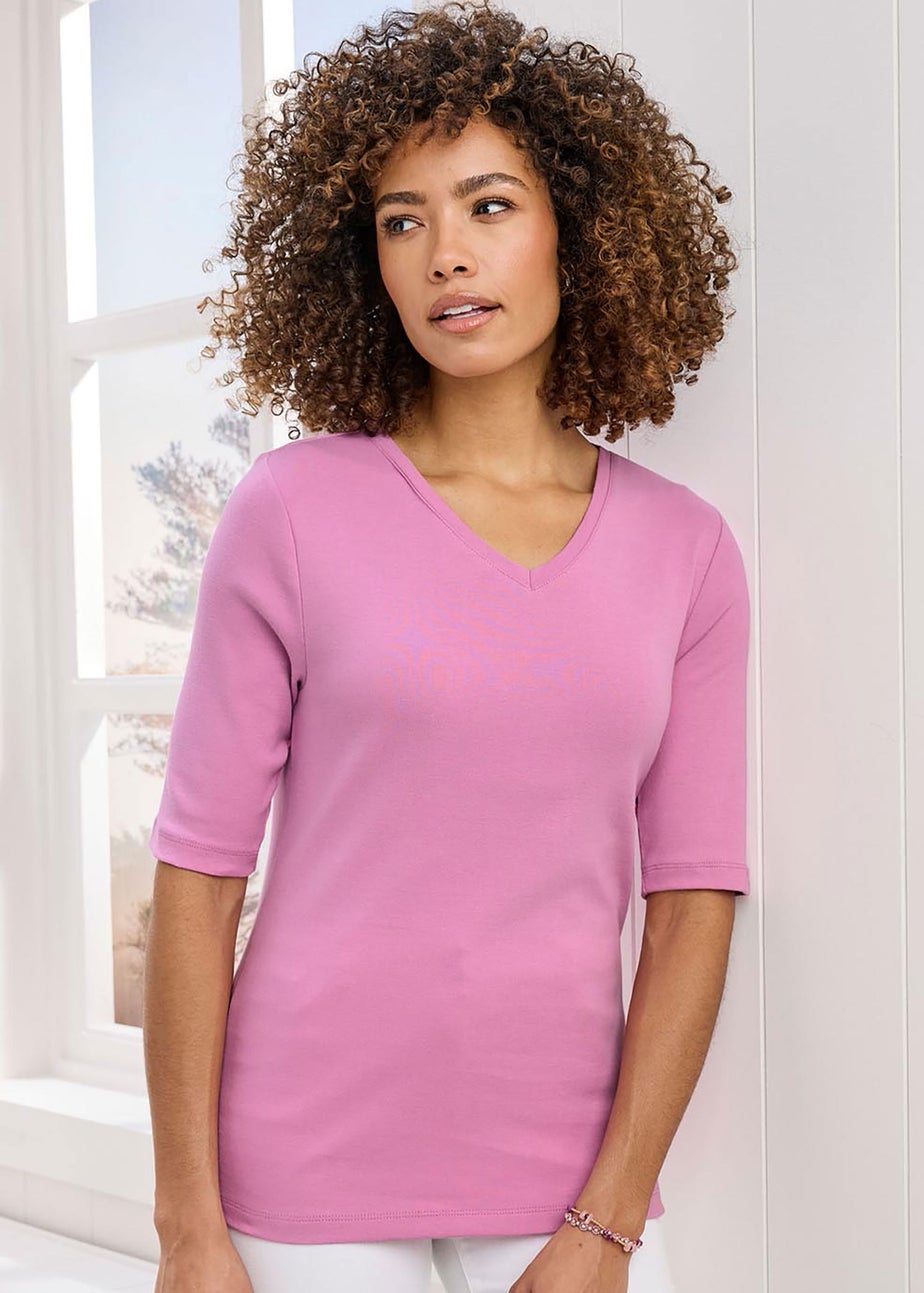 Cotton Traders Candy Pink Wrinkle Free 1/2 Sleeve V Neck Top