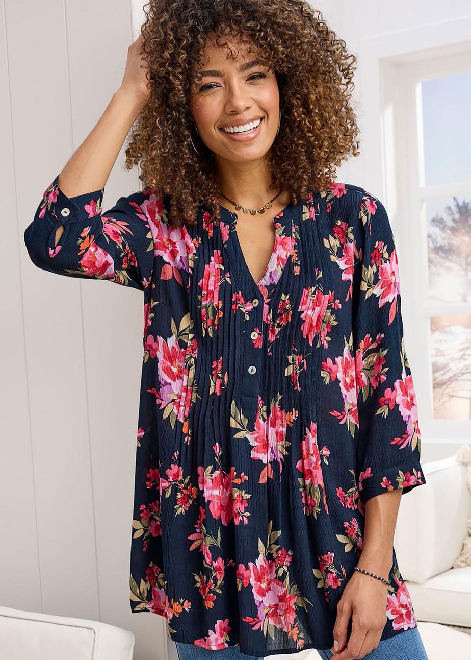 Cotton Traders Navy Printed Crinkle Tunic