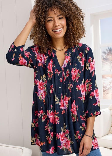 Cotton Traders Navy Printed Crinkle Tunic