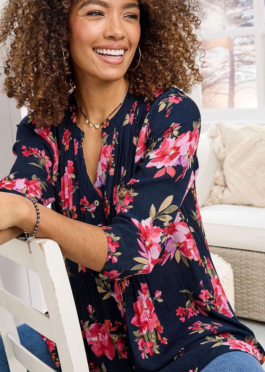 Cotton Traders Navy Printed Crinkle Tunic