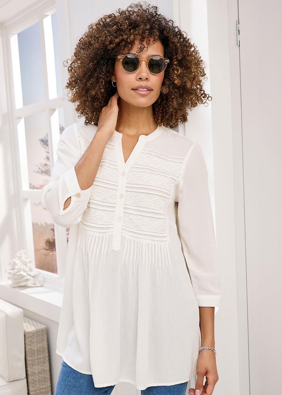 Cotton Traders Cream Lace Trim Crinkle Tunic