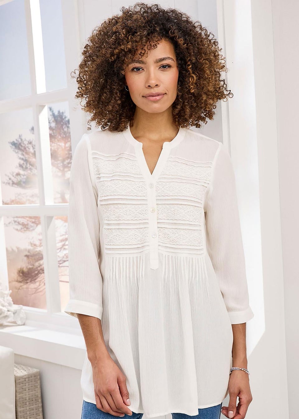 Cotton Traders Cream Lace Trim Crinkle Tunic