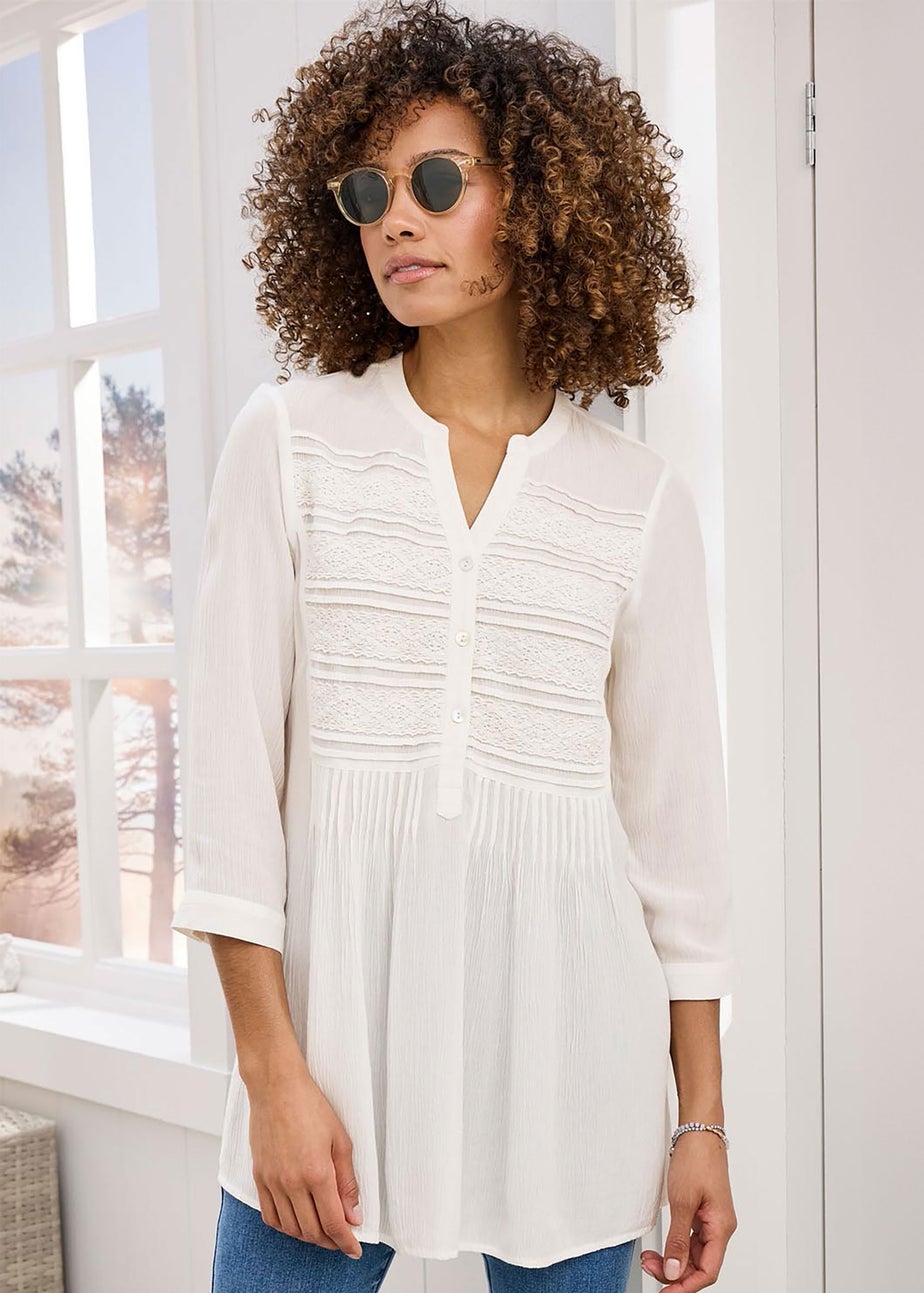 Cotton Traders Cream Lace Trim Crinkle Tunic