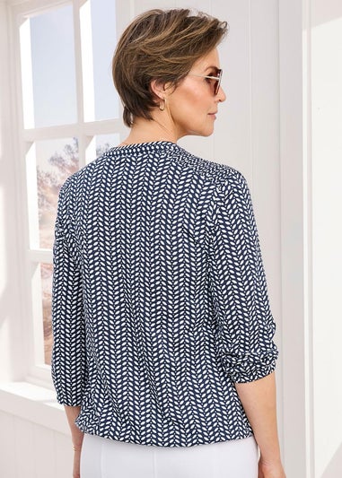 Cotton Traders Navy Cotton Bubble hem 3/4 Sleeve Printed Top