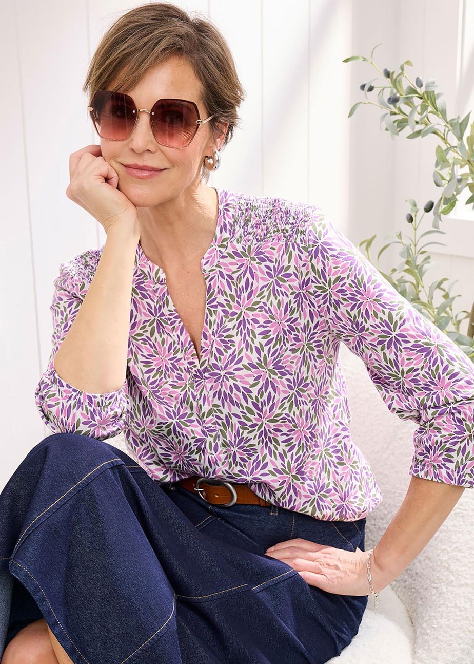 Cotton Traders Ivory Cotton Bubble hem 3/4 Sleeve Printed Top