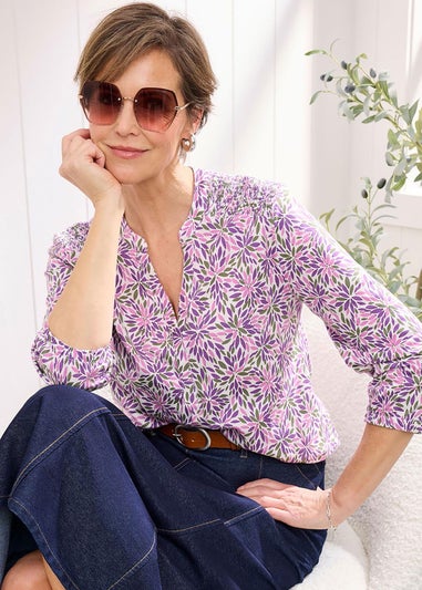 Cotton Traders Ivory Cotton Bubble hem 3/4 Sleeve Printed Top