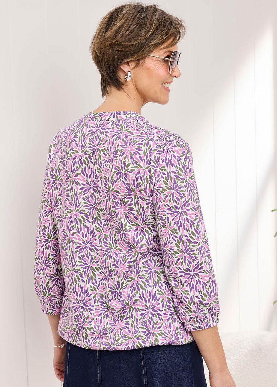 Cotton Traders Ivory Cotton Bubble hem 3/4 Sleeve Printed Top